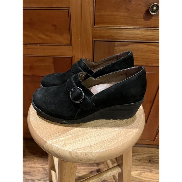 Dansko Black Clio Nubuck Suede Wedge Clogs  7.5-8  38 - Picture 2 of 12